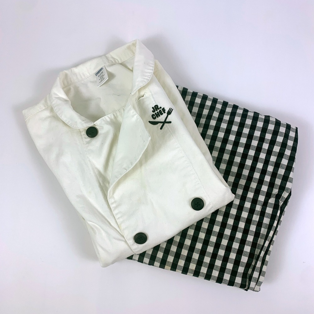 Gymboree Jr Chef Outfit Costume Coat Pants Child‎ Sz M (7-8) White Black Gingham